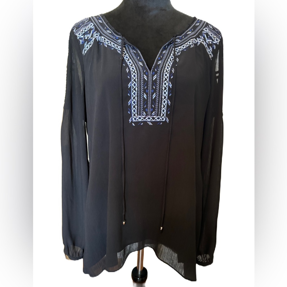 White House Black Market Black Blouse with Blue Embroidery